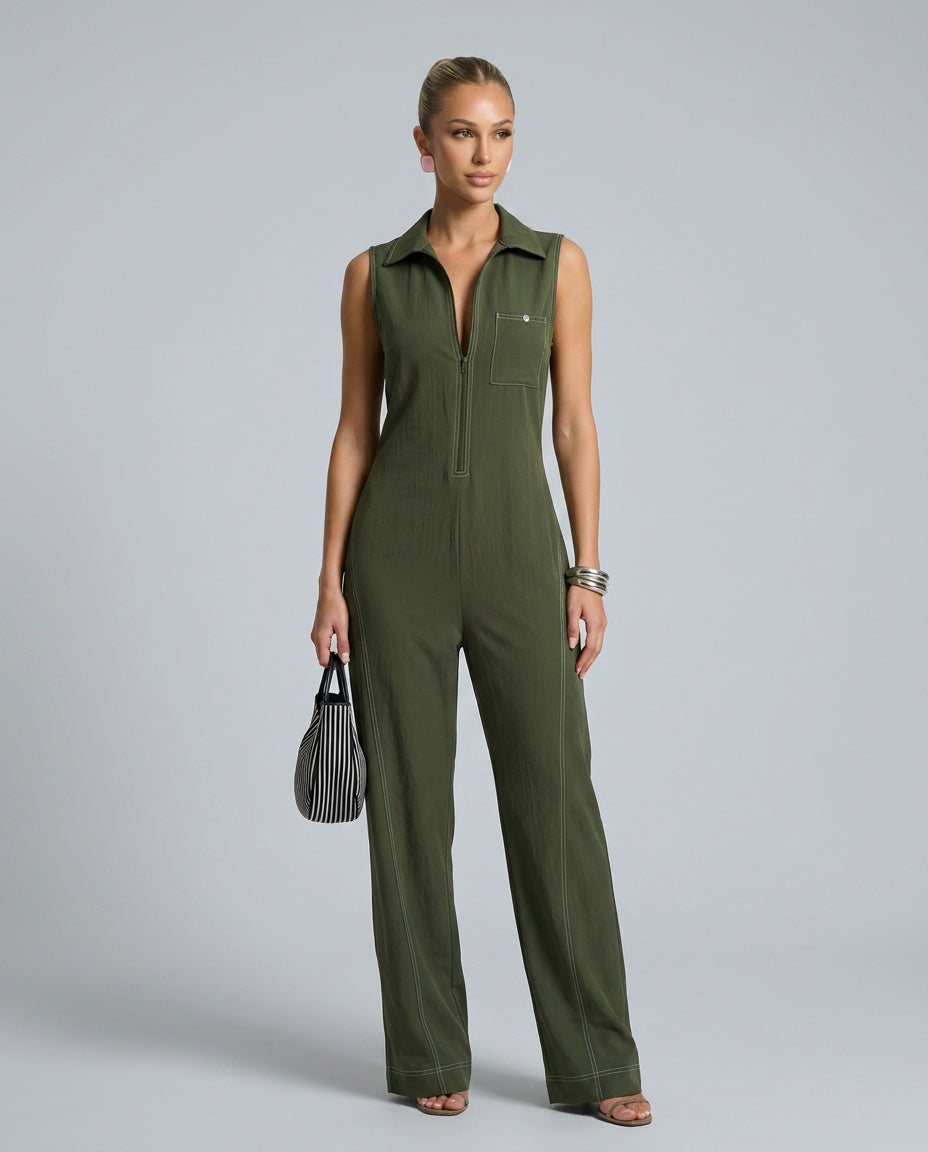Evie | Loose-Fit White Trim Sleeveless Jumpsuit