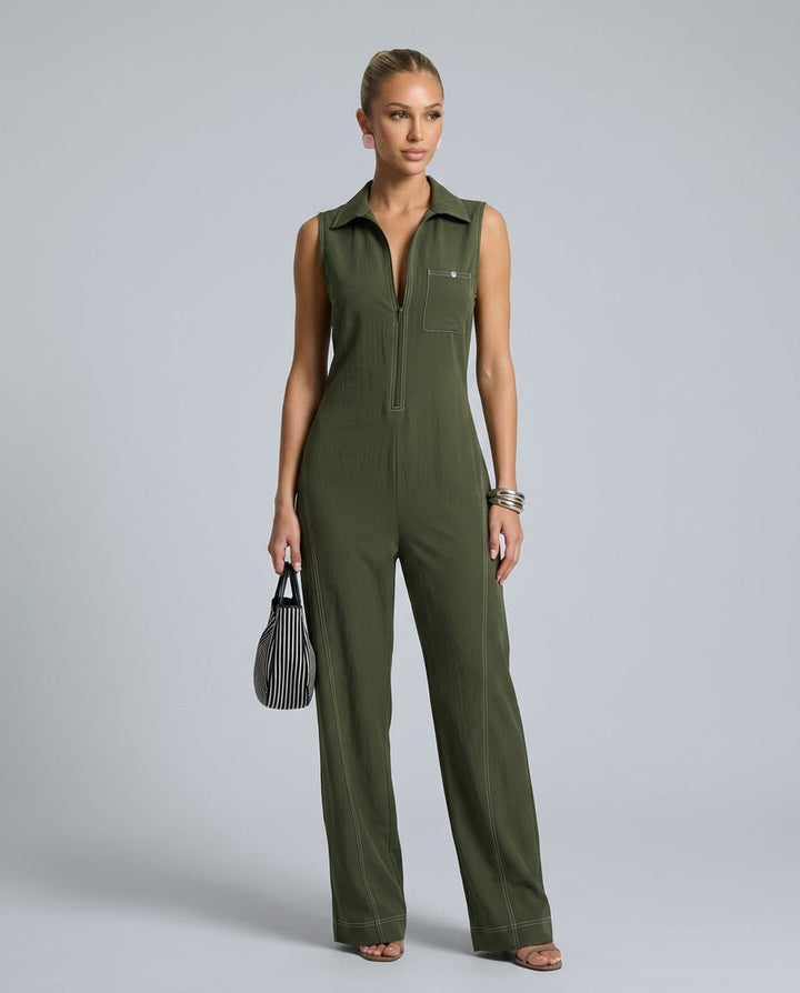 Evie | Loose-Fit White Trim Sleeveless Jumpsuit