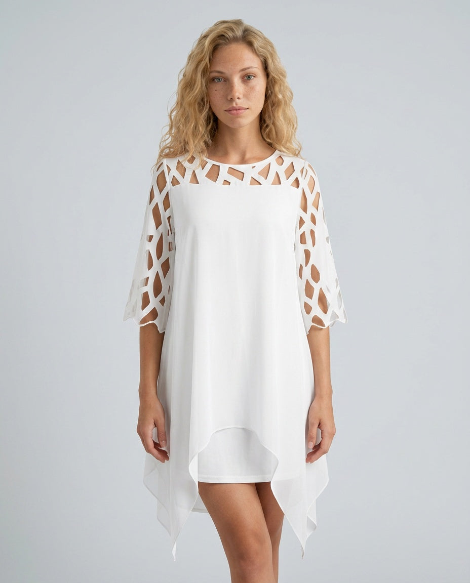 Lysette | Mesh Sleeve Keyhole Back Midi Dress