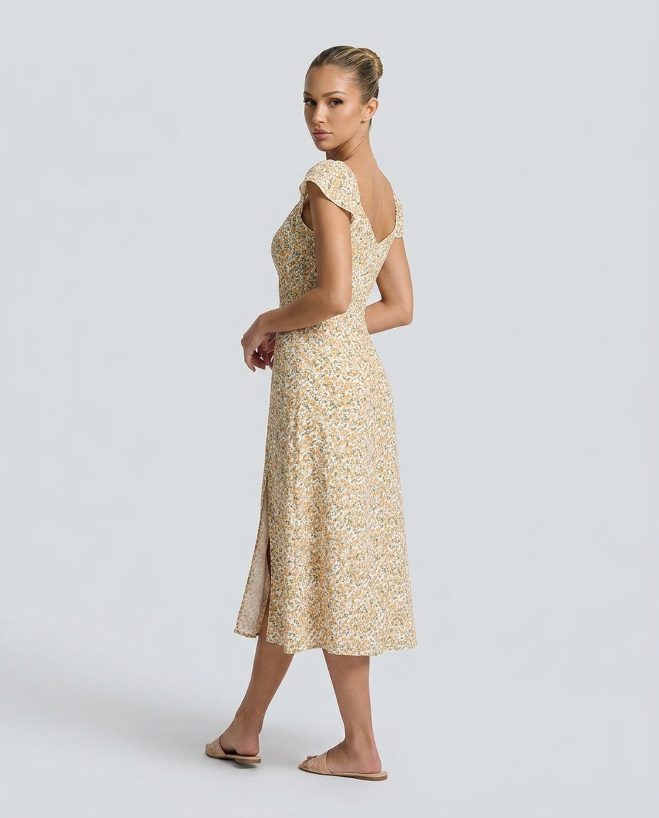 Isolde | V-Neck Floral Side Slit Midi Dress