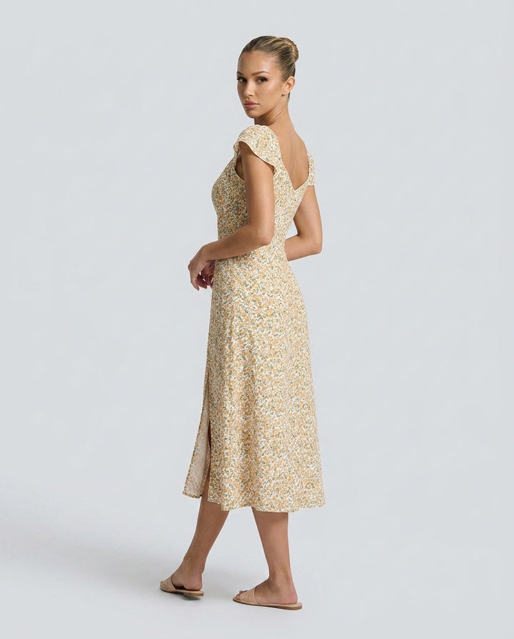 Isolde | V-Neck Floral Side Slit Midi Dress