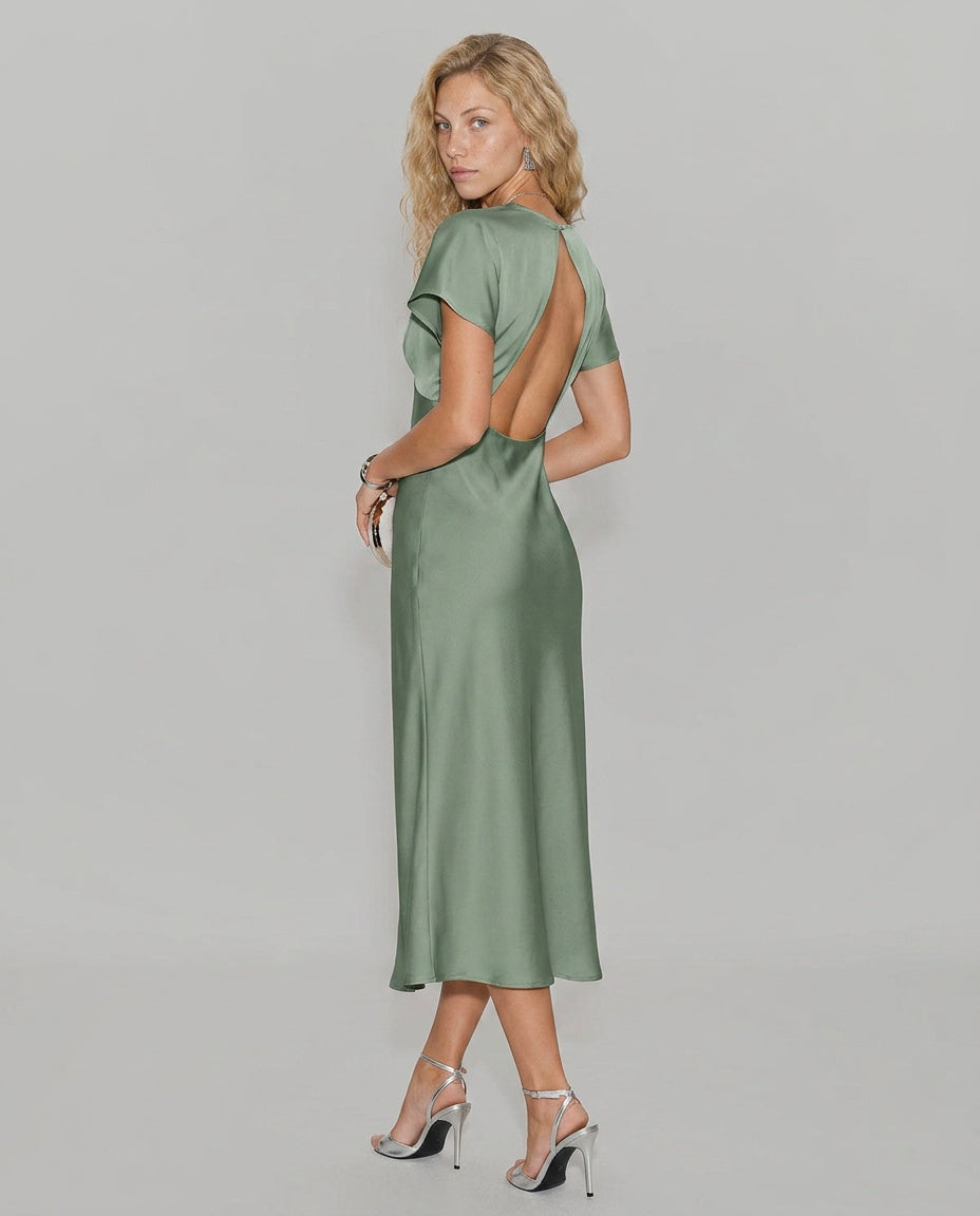 Una | V-Neck Satin-Look A-Line Midi Dress