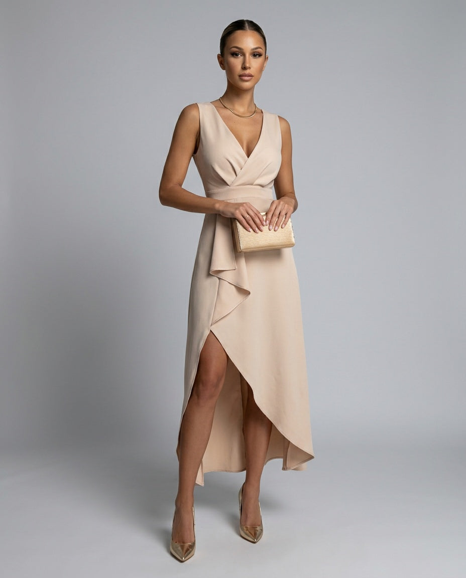 Vestara | Wrap V-Neck Asymmetric Hem Maxi Dress