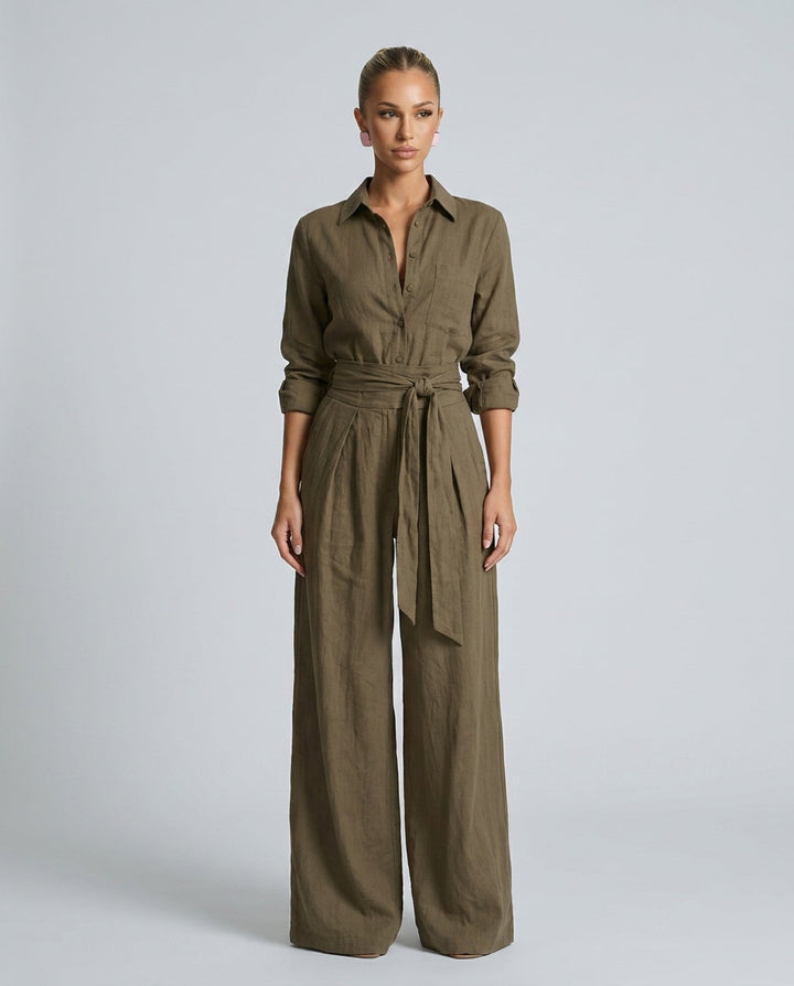 Marlowe | Long-Sleeve Shirt Collar Jumpsuit With Belt
