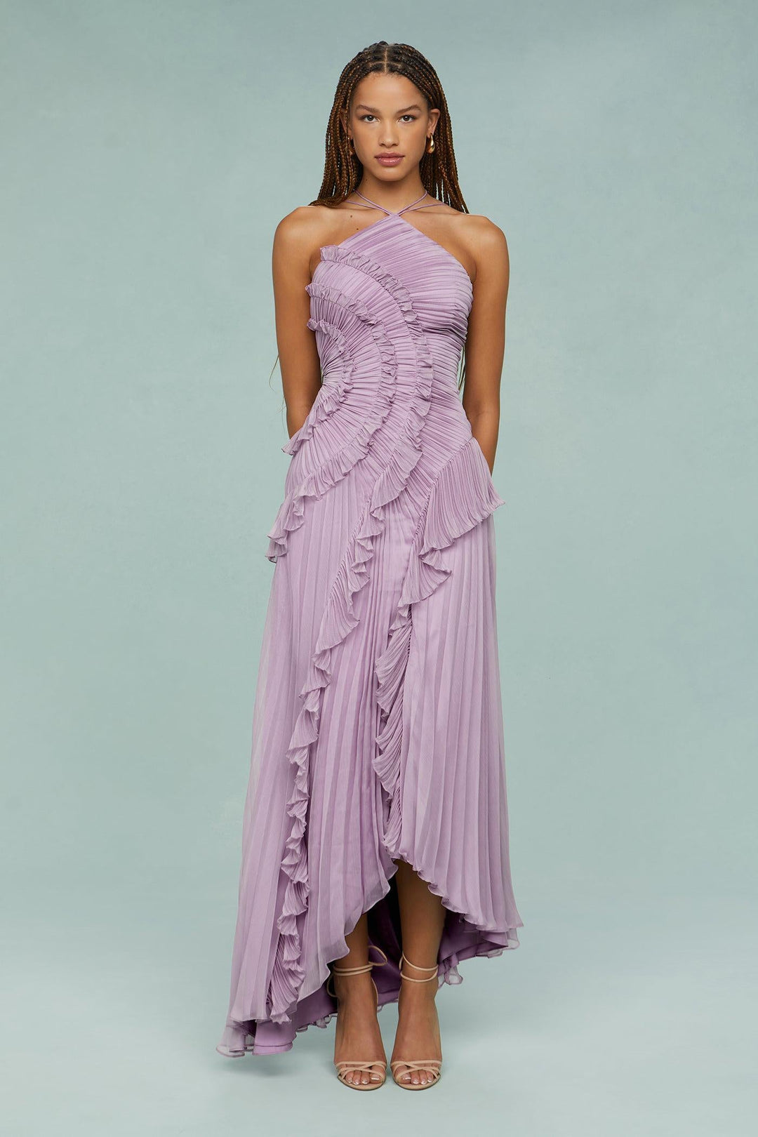 Oriel | Pleated Frill Halter Neck Midi Dress
