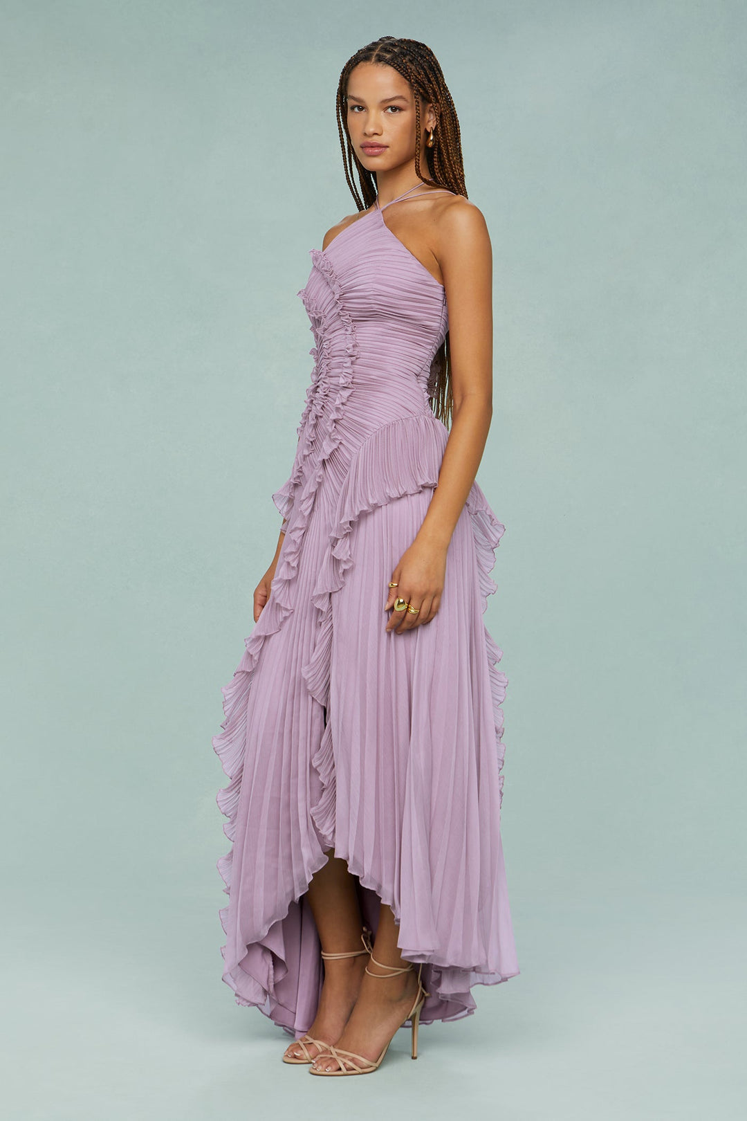 Oriel | Pleated Frill Halter Neck Midi Dress