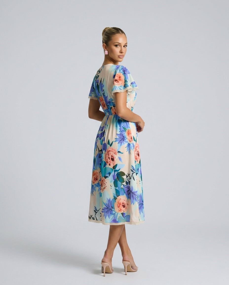 Blossom | Floral Midi with Lace-Up Deep V Neck
