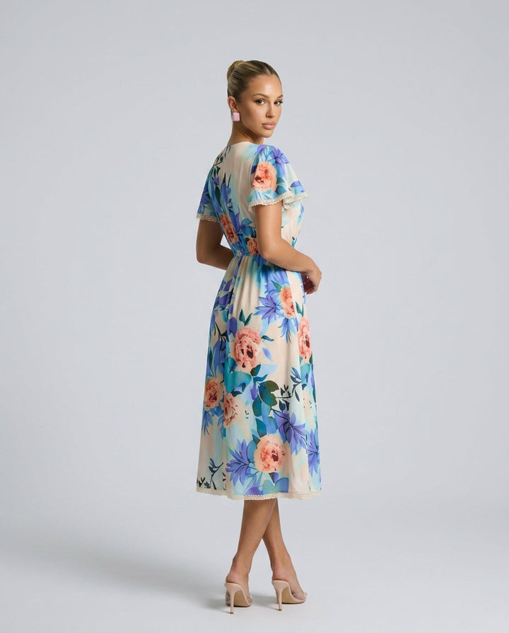 Blossom | Floral Midi with Lace-Up Deep V Neck