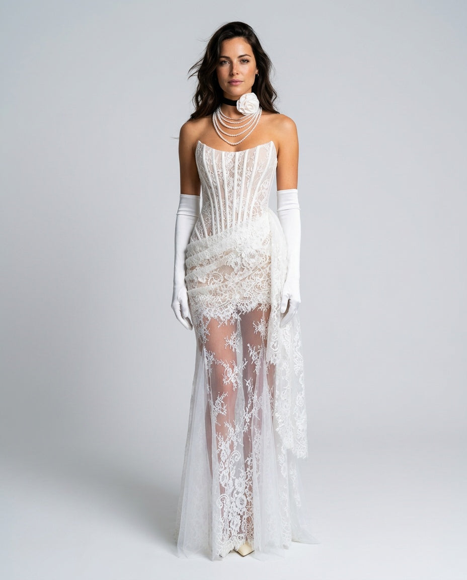Célène | Lace Corset Strapless Mini Dress &amp; Maxi Skirt Set