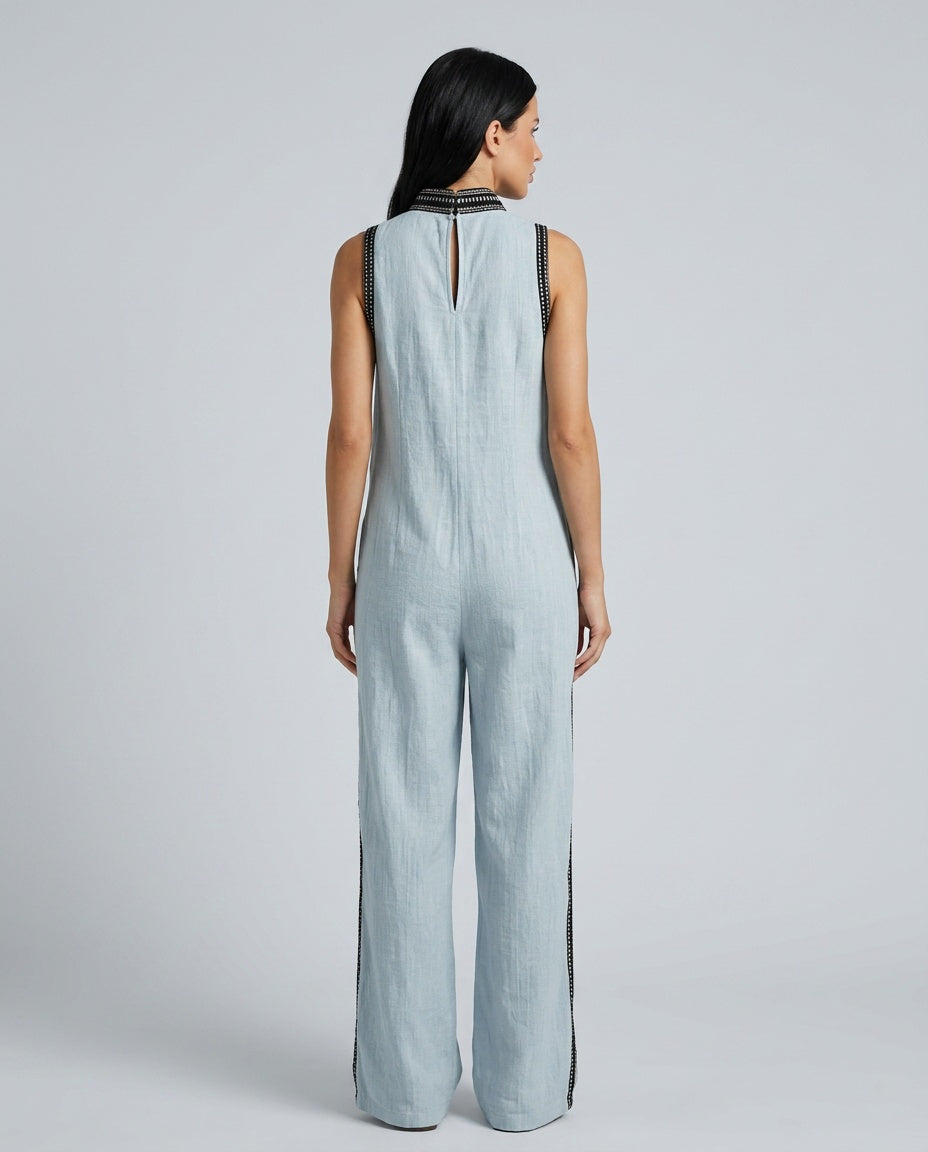 Harlow | Linen Blend Sleeveless Jumpsuit With Embroidery