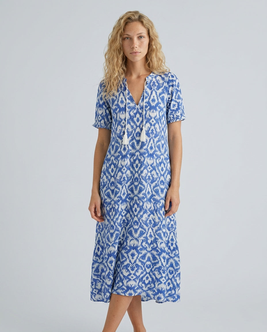 Mira | V-Neck Tassel-Strap Puff Sleeve Midi Dress