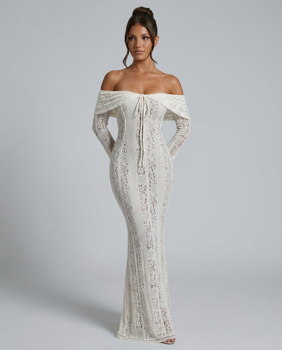 Odélie | Off-Shoulder Lace Fluted Cuff Maxi Dress