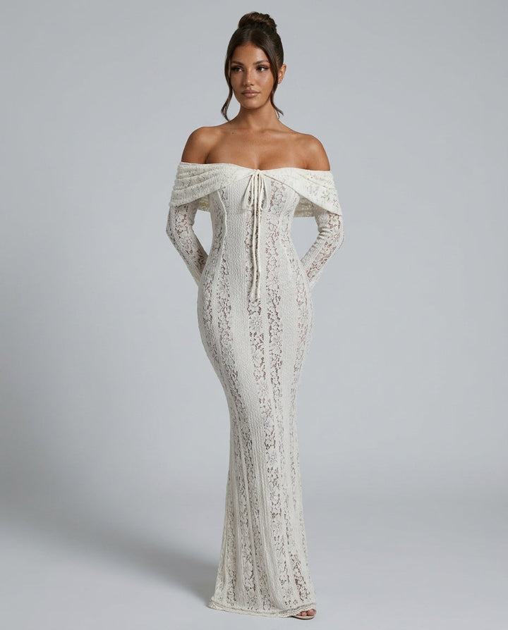 Odélie | Off-Shoulder Lace Fluted Cuff Maxi Dress