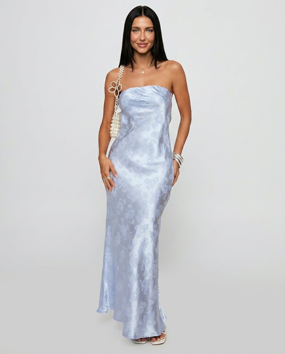 Haley | Blue Jacquard Wedding Guest Maxi Dress
