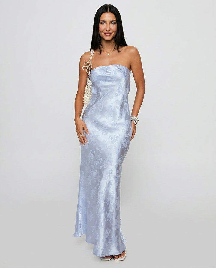 Haley | Blue Jacquard Wedding Guest Maxi Dress