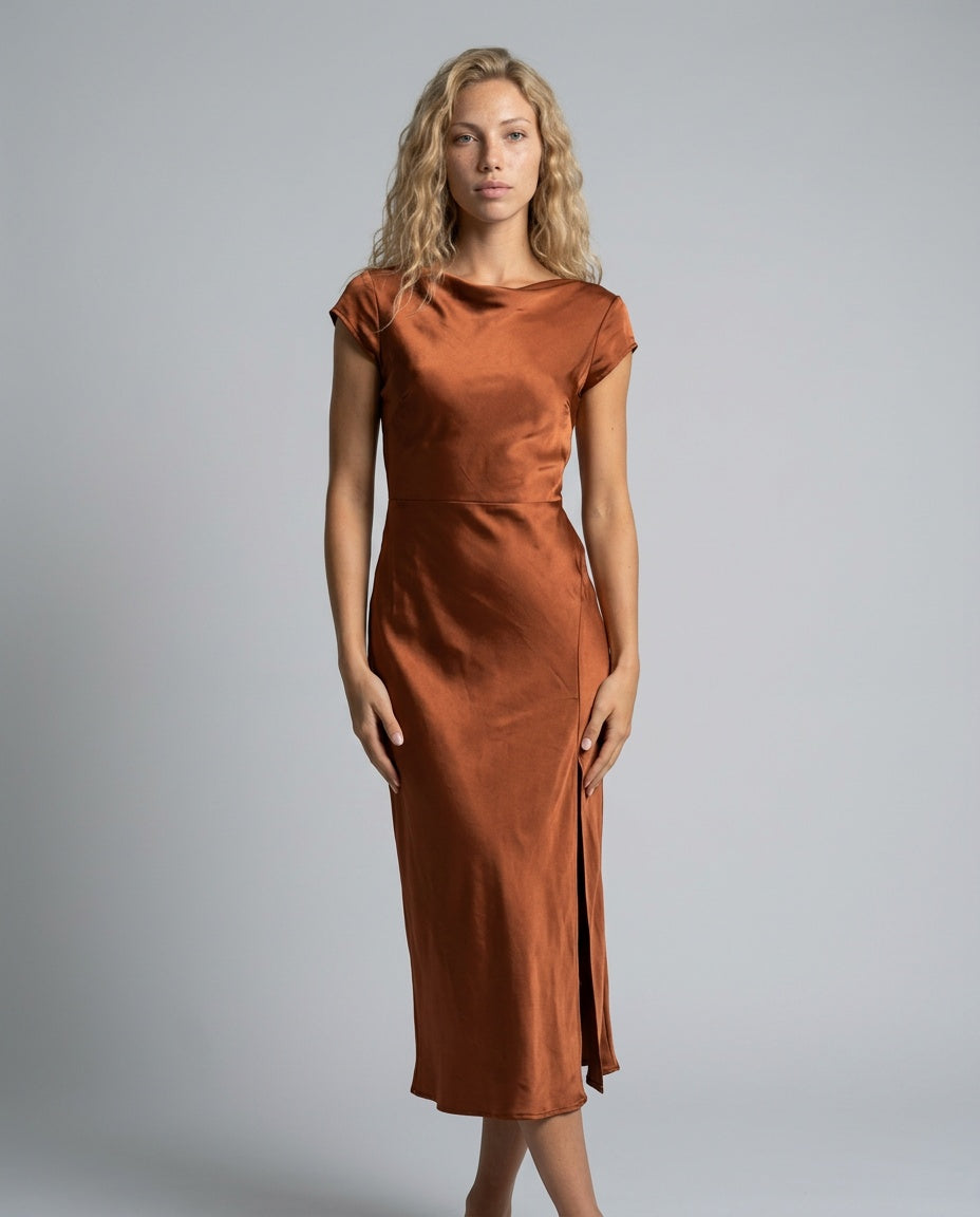 Sienna | Lace-Trim Waterfall Neck Midi Dress