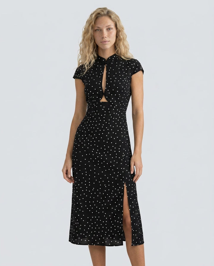 Noor | Mandarin Collar Polka Dot Midi Dress