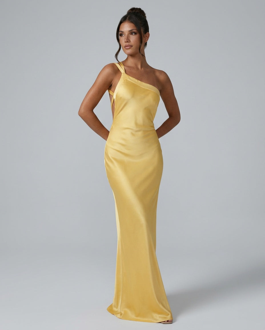 Mira | Semi-Sheer One Shoulder Satin Maxi Dress