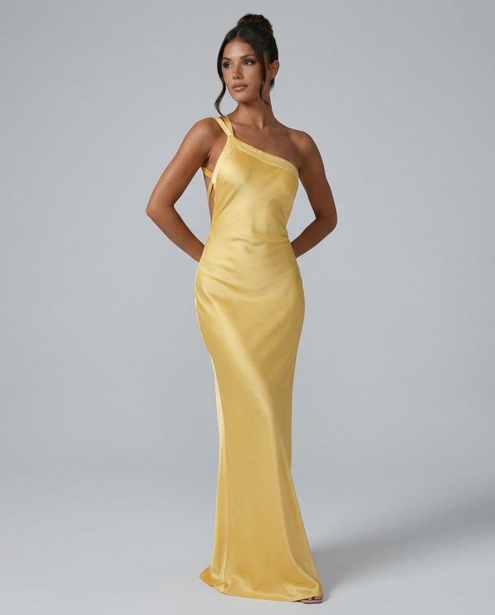 Mira | Semi-Sheer One Shoulder Satin Maxi Dress