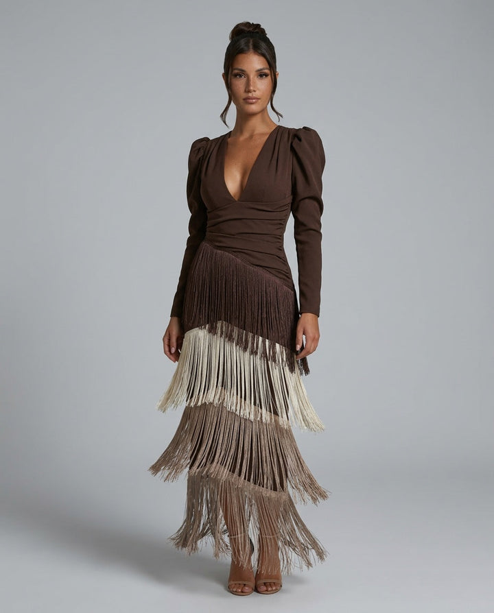 Vera | Fringe Detail Long Sleeve Maxi Dress