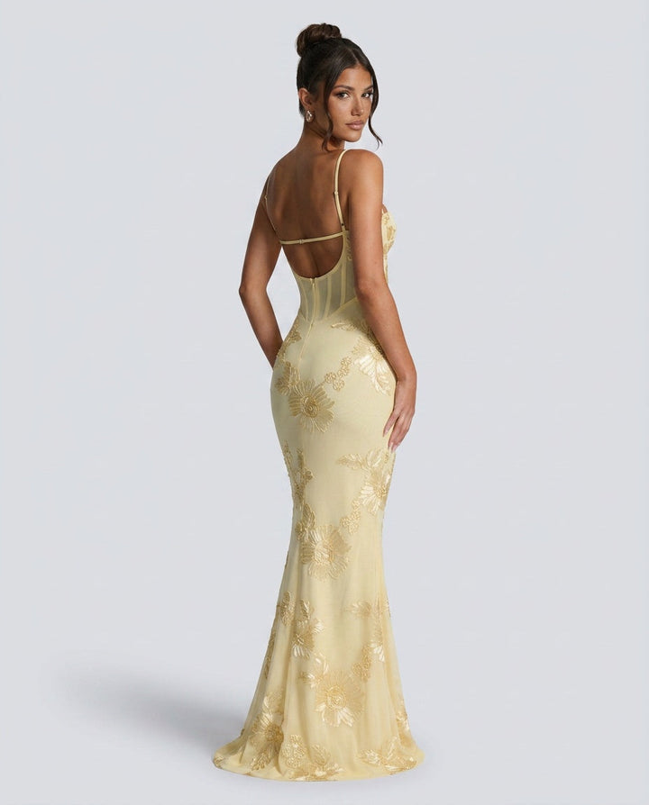 Isolène | Floral Jacquard Corset Maxi Dress