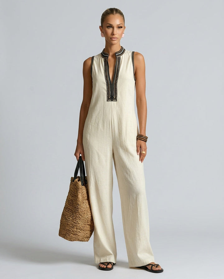 Harlow | Linen Blend Sleeveless Jumpsuit With Embroidery