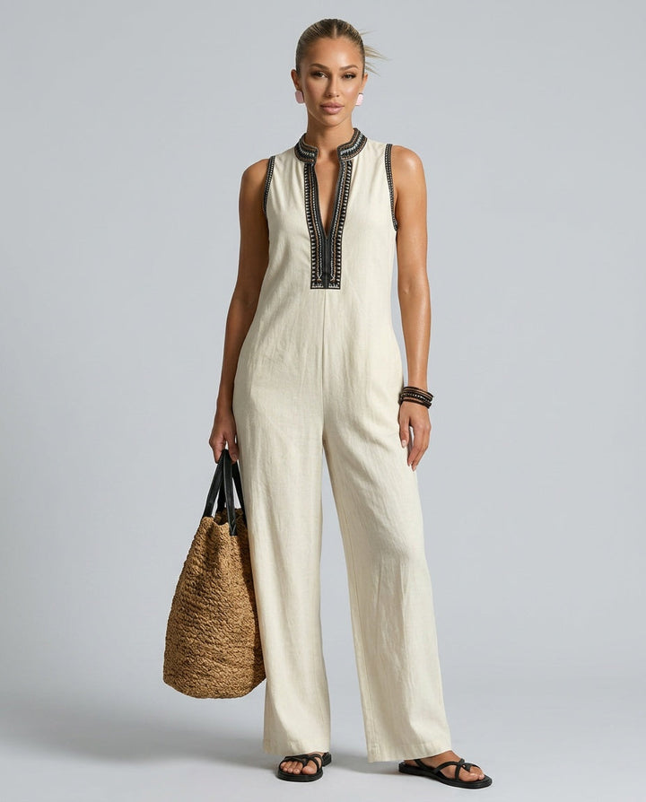 Harlow | Linen Blend Sleeveless Jumpsuit With Embroidery
