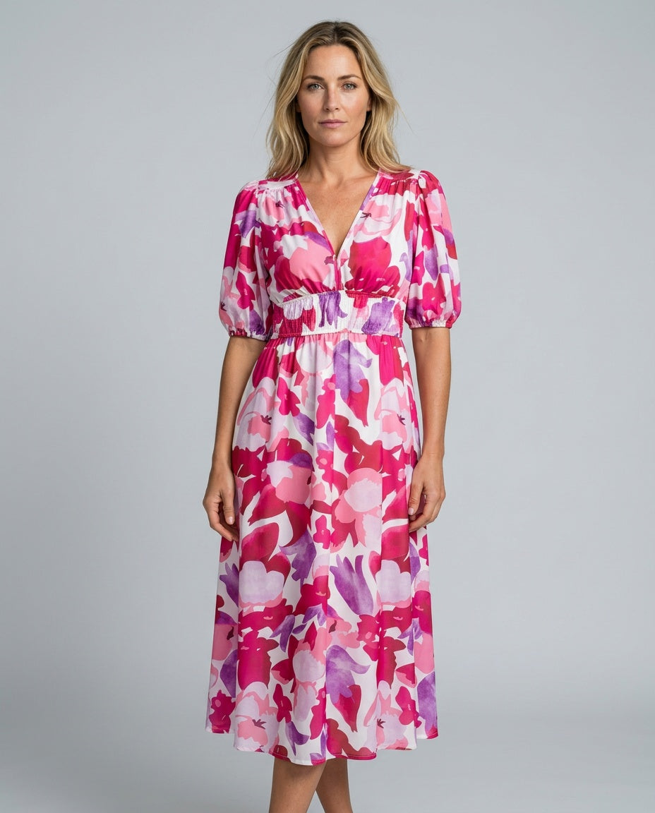 Mira | V-Neck Puff Sleeve Pleated Midi Dress