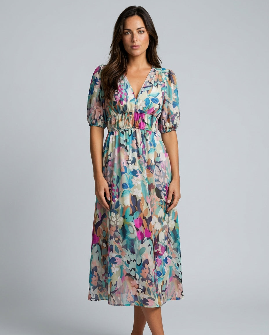 Mira | V-Neck Puff Sleeve Pleated Midi Dress