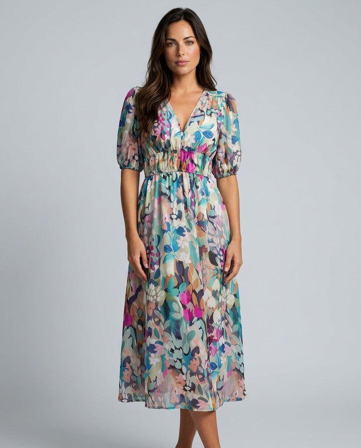 Mira | V-Neck Puff Sleeve Pleated Midi Dress