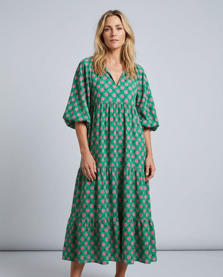 Verity | V-Neck Balloon Sleeve Ruffle Layered Midi Dress