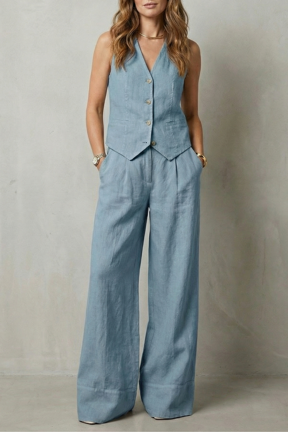 Linéaura | Sleeveless Tailored Vest &amp; Wide-Leg Trouser Set