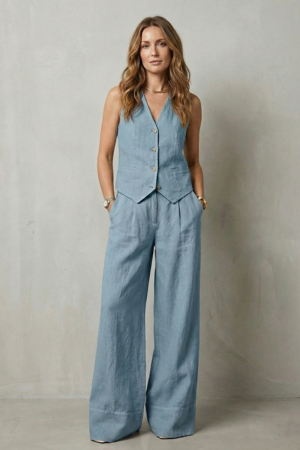 Linéaura | Sleeveless Tailored Vest &amp; Wide-Leg Trouser Set