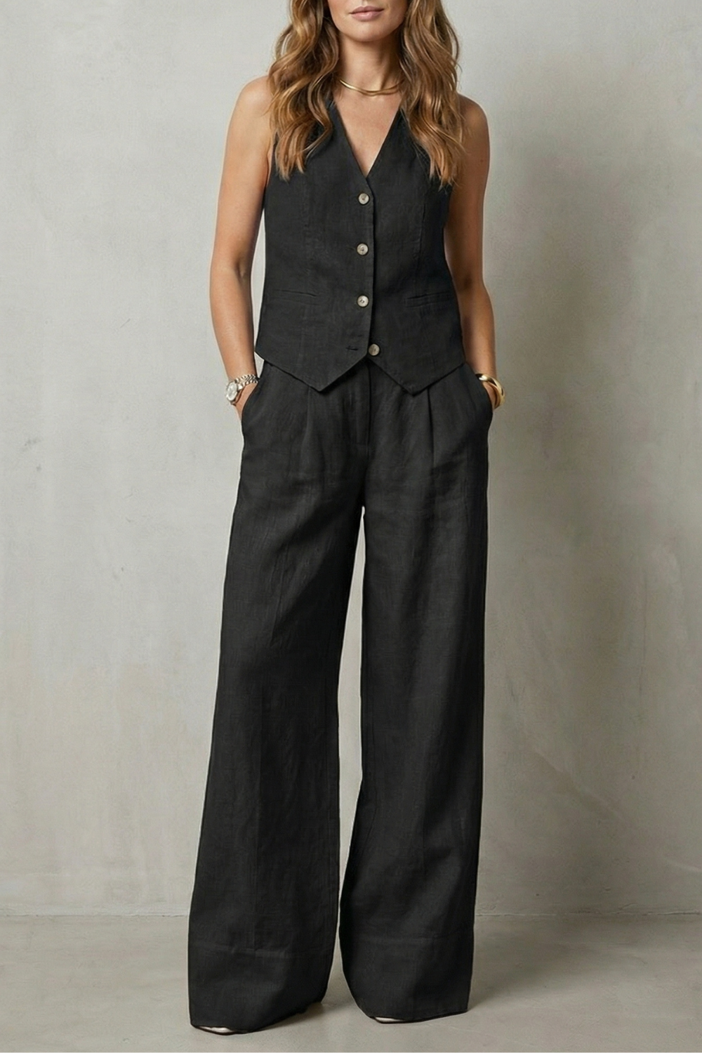 Linéaura | Sleeveless Tailored Vest &amp; Wide-Leg Trouser Set