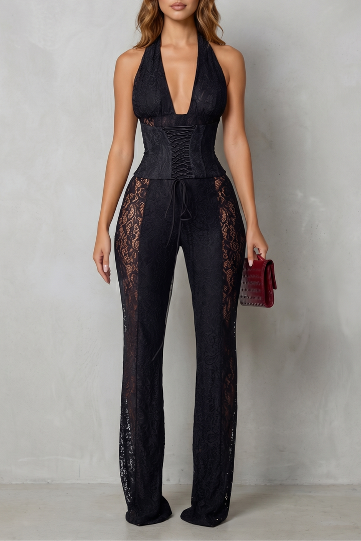 Lorelei | Plunge Halter Lace Wide-Leg Jumpsuit