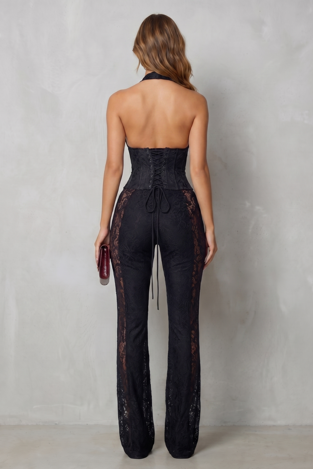 Lorelei | Plunge Halter Lace Wide-Leg Jumpsuit