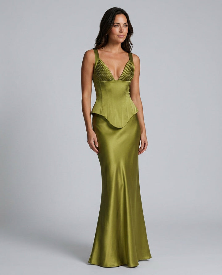 Fleur | Satin Pleated V-Neck Maxi Skirt Set