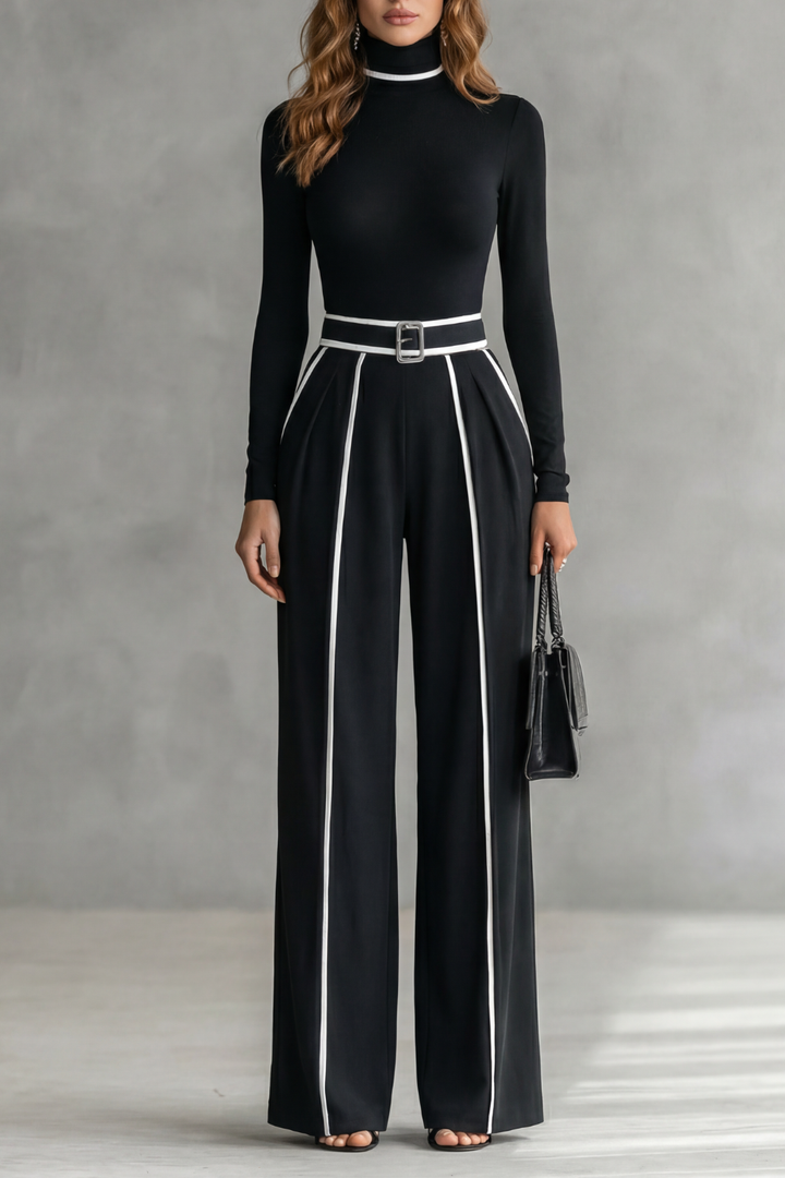 Lunivelle | Contrast Piping High-Neck Long Sleeve Jumpsuit