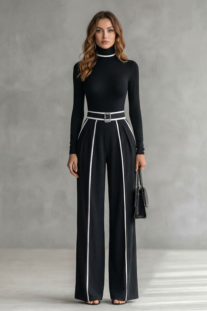 Lunivelle | Contrast Piping High-Neck Long Sleeve Jumpsuit