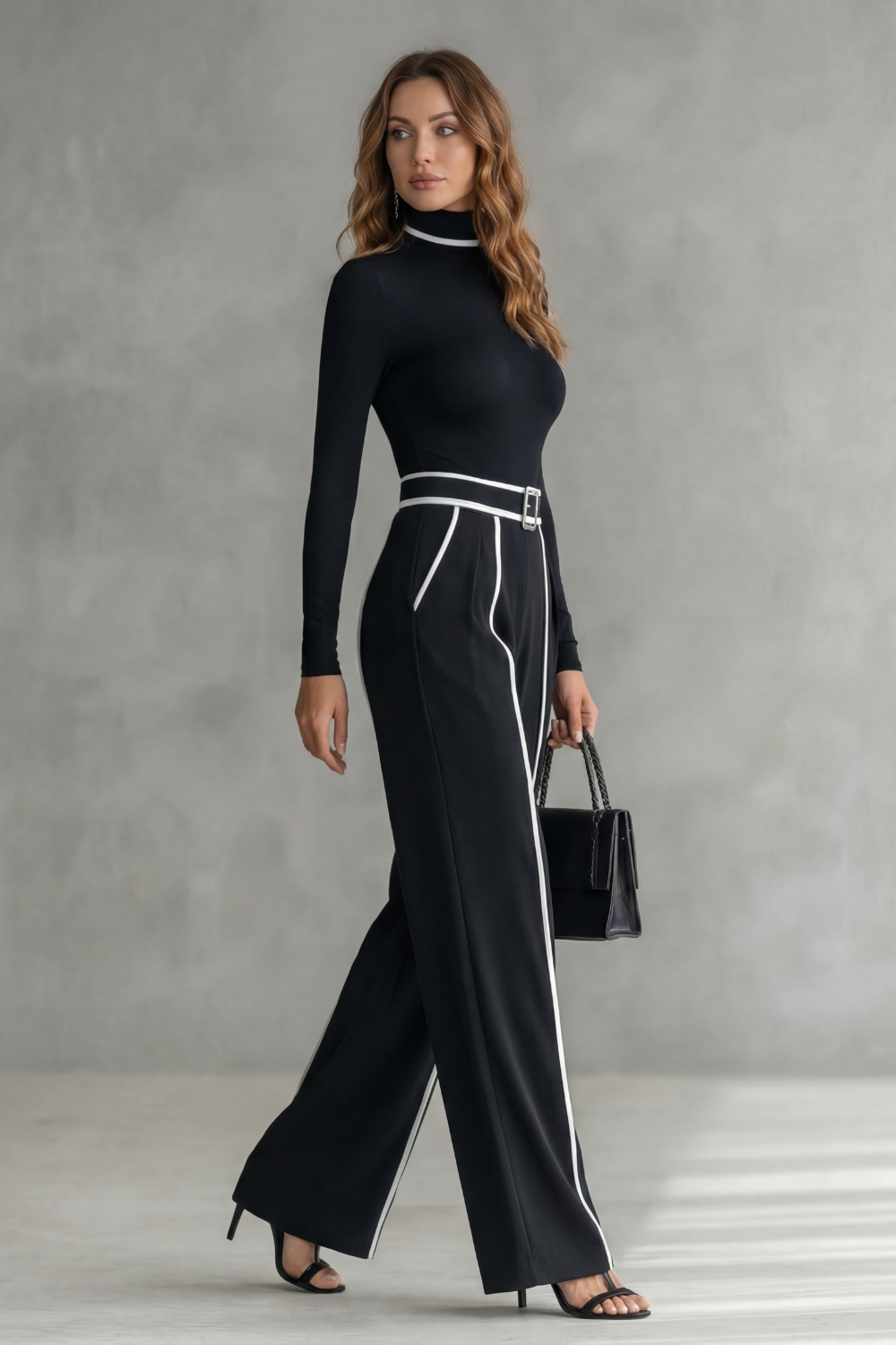 Lunivelle | Contrast Piping High-Neck Long Sleeve Jumpsuit