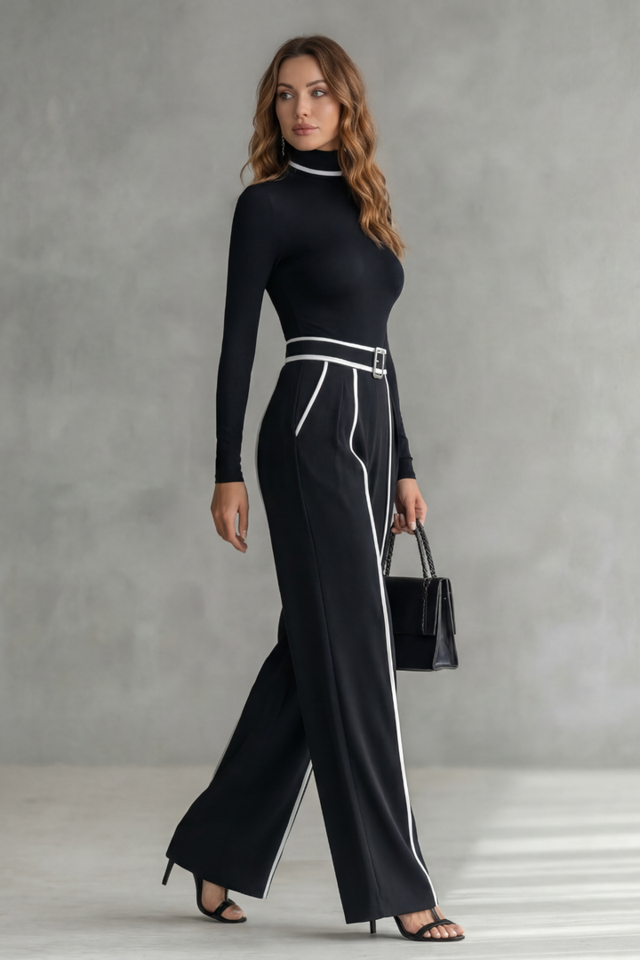 Lunivelle | Contrast Piping High-Neck Long Sleeve Jumpsuit