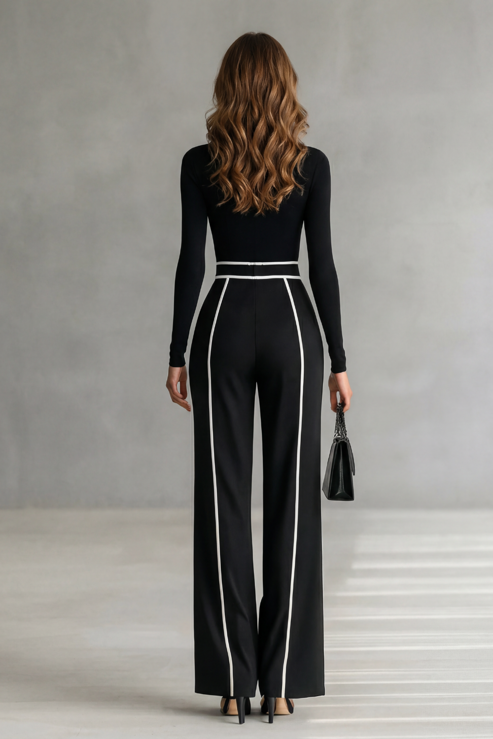 Lunivelle | Contrast Piping High-Neck Long Sleeve Jumpsuit