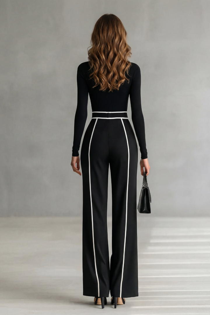 Lunivelle | Contrast Piping High-Neck Long Sleeve Jumpsuit