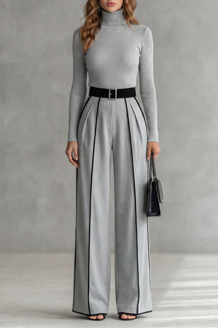 Lunivelle | Contrast Piping High-Neck Long Sleeve Jumpsuit