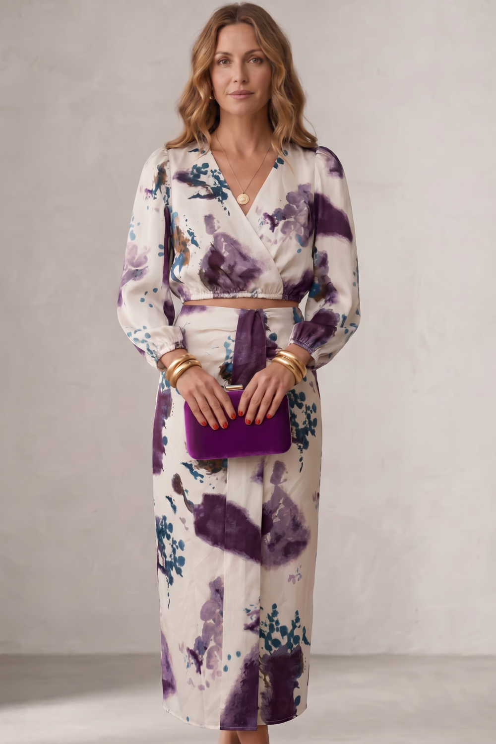 Liv | Watercolour Floral Wrap Blouse &amp; Maxi Skirt Set