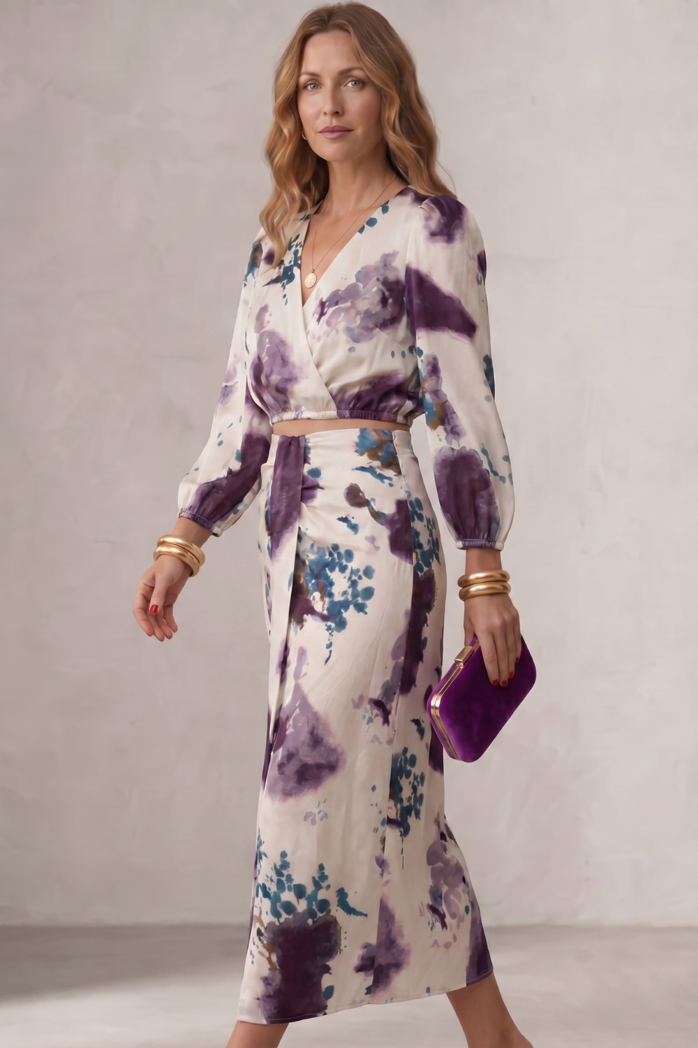 Liv | Watercolour Floral Wrap Blouse &amp; Maxi Skirt Set