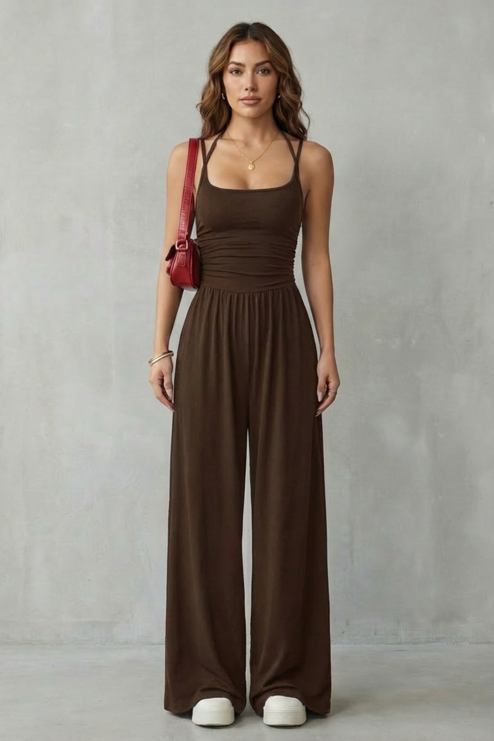 Lunarra | Double Strap Ruched Wide-Leg Jumpsuit