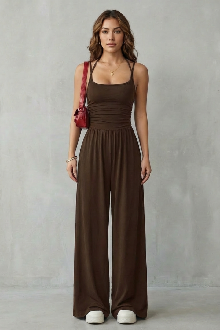 Lunarra | Double Strap Ruched Wide-Leg Jumpsuit