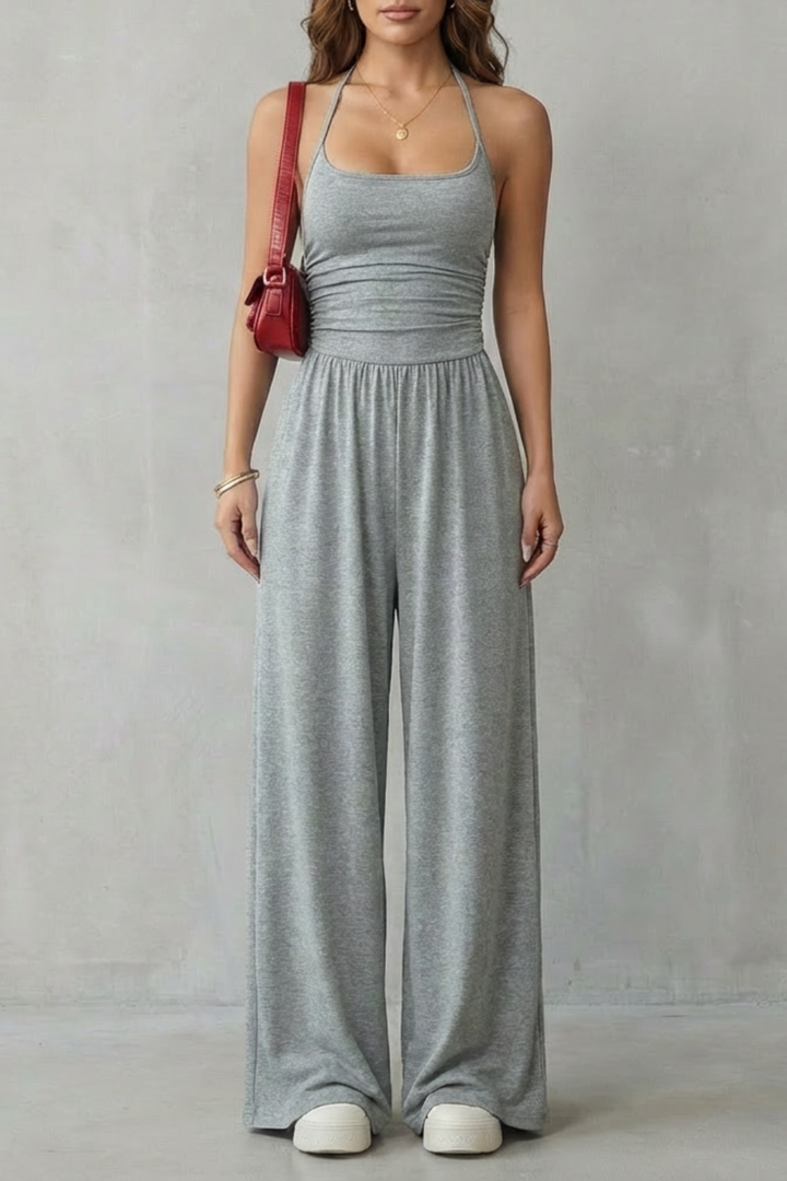 Lunarra | Double Strap Ruched Wide-Leg Jumpsuit
