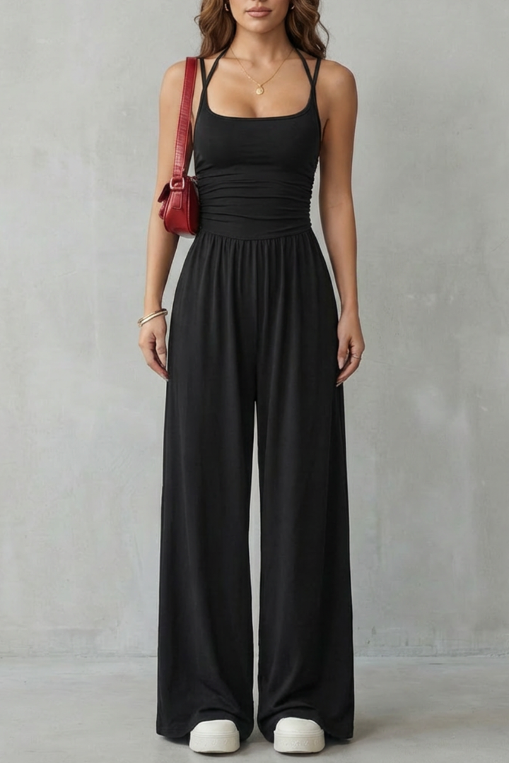 Lunarra | Double Strap Ruched Wide-Leg Jumpsuit